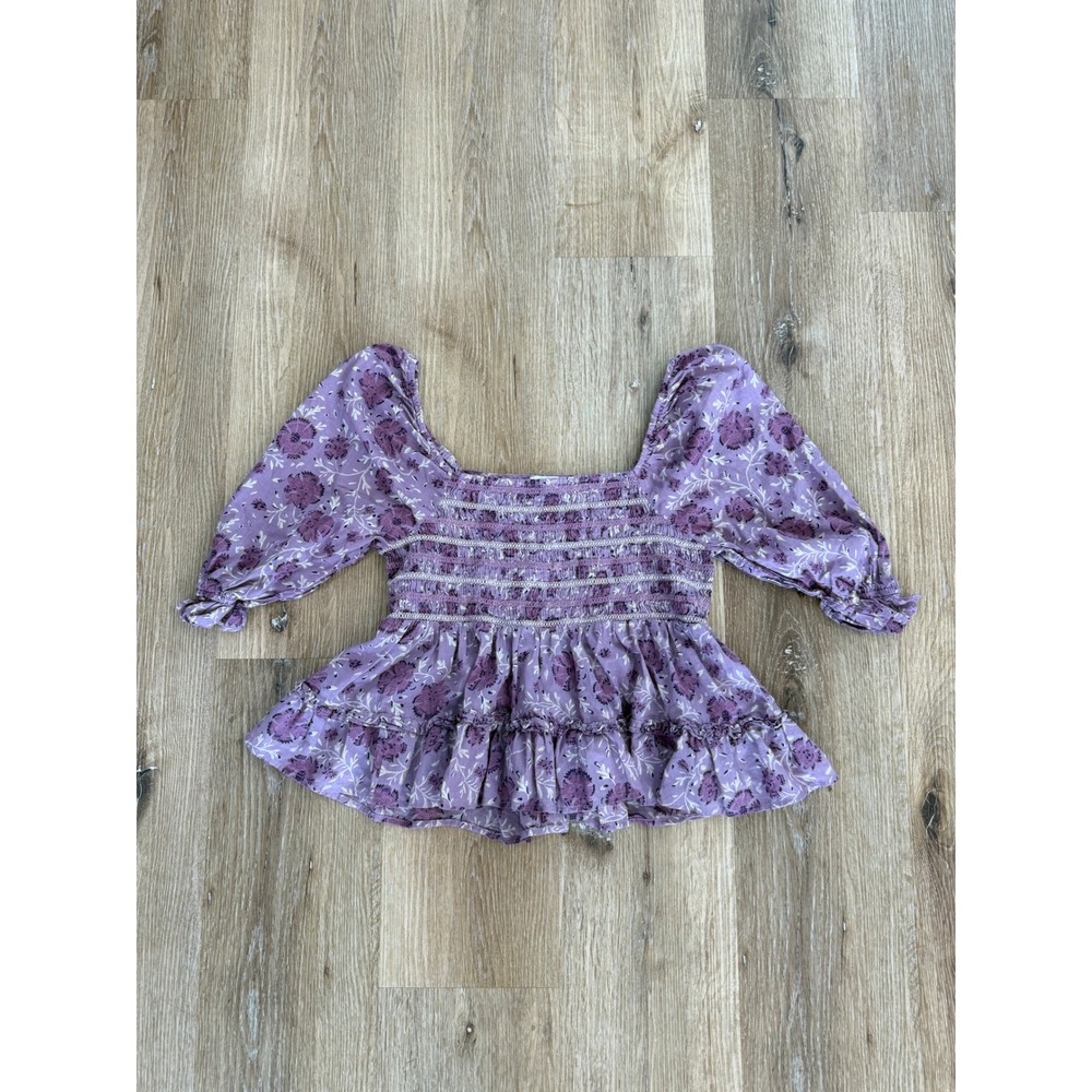 American Eagle Peplum Top Women M Purple Floral Smocked Prairie Cottagecore Boho